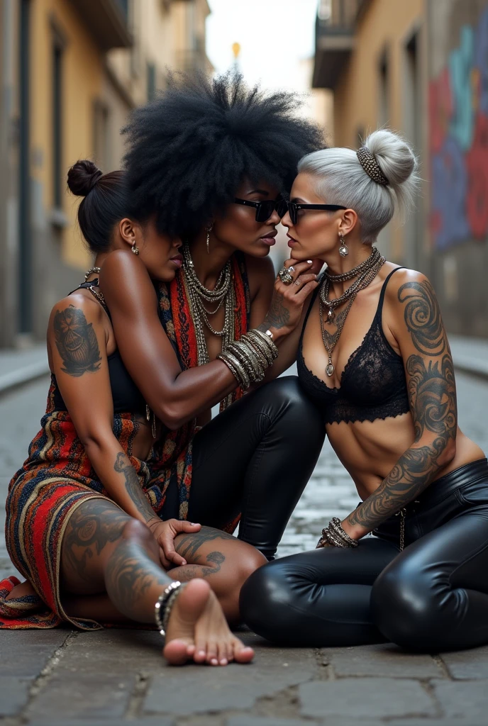 Three russian old milf women: the strong, muscular , dominant dark skinned gipsy woman (black afro, long african traditional colourful tunic, barefoot), squatting with possessive stance (arms around her two girlfriends' necks). At her feet, lying on the ground,her two caucasian girlfriends groping and kissing each other, weak, light grey hair, submissive and needy, feeling defeated and needy, in laid back postures with hands touching their thongs or their necks or chest, looking at each other with open mouths, arched back, different clothes but all wearing clothes in rock chic style. grey hair (bouffant, top bun, shaved sides) and oversized square sunglasses. Big lips. Black lace push up bras, silicone breasts,, low rise skinny leather jeans. Both Barefoot.. Lots of thick wide studded bracelets, chain necklaces and big rings,. Long earrings with chains and feathers. Chains around their hips. Lounging lazily on the ground with bended knees, separated legs and arched backs. Lazy, leaning back, laid back pose, separated legs. Neck tattoed, chest tattoed, stomach tattoed, feet, hands, arms and wrists heavily tattoed. Toned abdominals, thin neck, slim legs and thin arms. Narrow hips. Both, open legs. Full body. At a Madrid narrow street with graffitied walls.