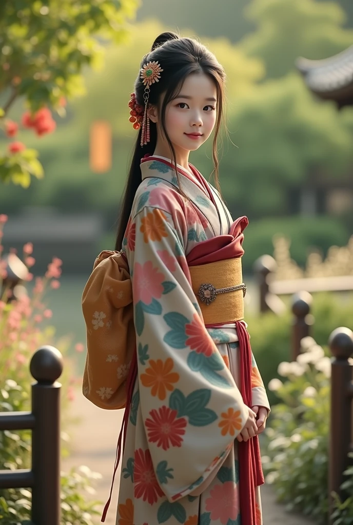 Front view , ((Standing in the garden), Japanese ancient girl, View your viewers, Beautiful young Japanese general, The girl is 20 years old, (Highly detailed face, Black Hair ,Brown eyes, Variegated eyes, Fuller lips, Small lips, A small smile), (Middle chest, Middle Hip), (Japanese Kimono, Floral), Standing in a Japanese palace, Near the garden, sunrise,(Ukiyo-e, Attention to detail, Awards, Anatomically correct, masterpiece, 4K)