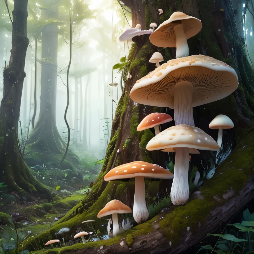 there are many mushrooms growing on the tree branch in the forest, mushroom trees, overgrown with huge rare fungus, overgrown with funghi, mushrooms everywhere, psychedelic mushrooms, overgrown with exotic fungus, fungus, shrooms, fungi, fractal fungus, forest made out of mushroom, white fungal spores everywhere, fungal growth, mushrooms, ❤🔥🍄🌪