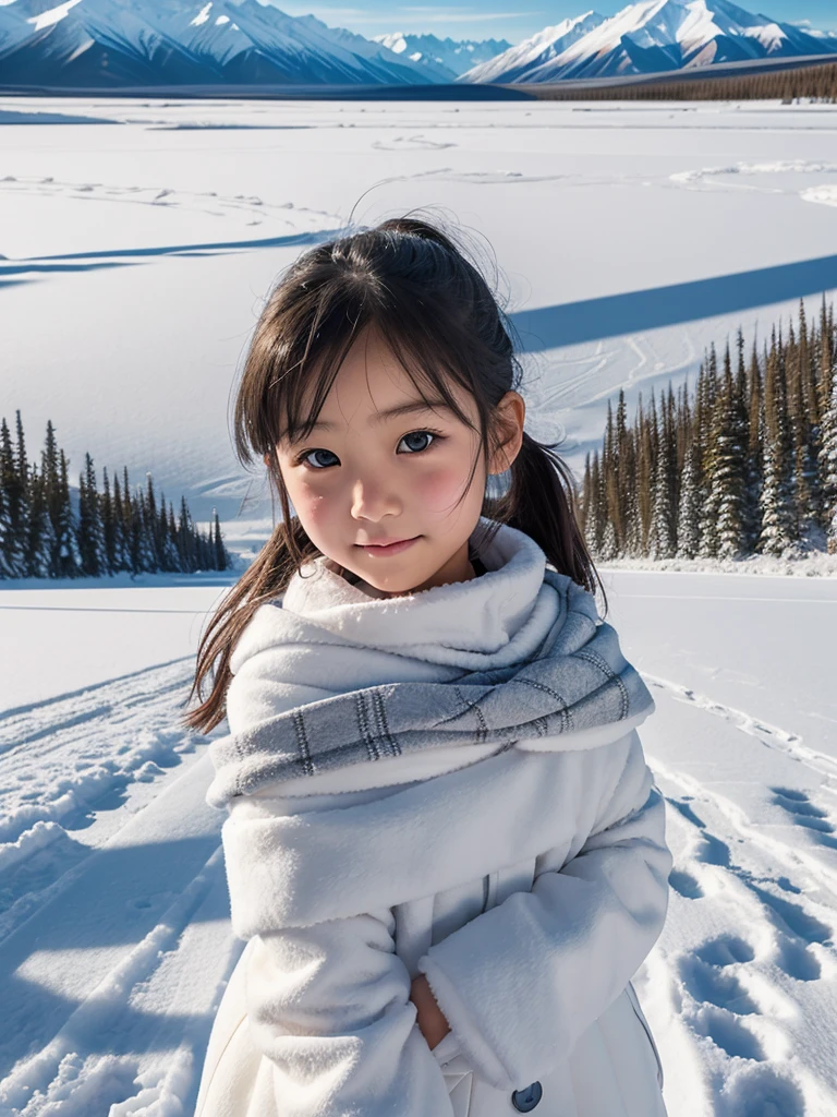 Japanese elementary school girl, off-shoulder, sweet expression, winter, Kluane National Park, Canada, snowy field