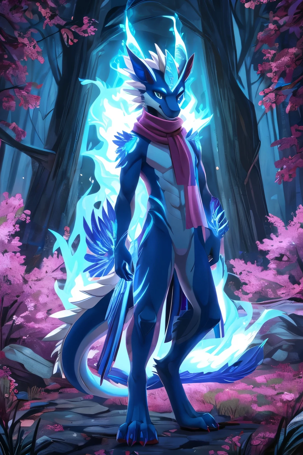(anime), (front facing), (looking at the camera), slim furry white fire dragon, blue fire magic, secondary body colors, (blue, magenta and cyan undertones), long muzzle, neck and tail fur, digitigrade, creative horns, feathers, (wearing only a scarf), nature background, full body