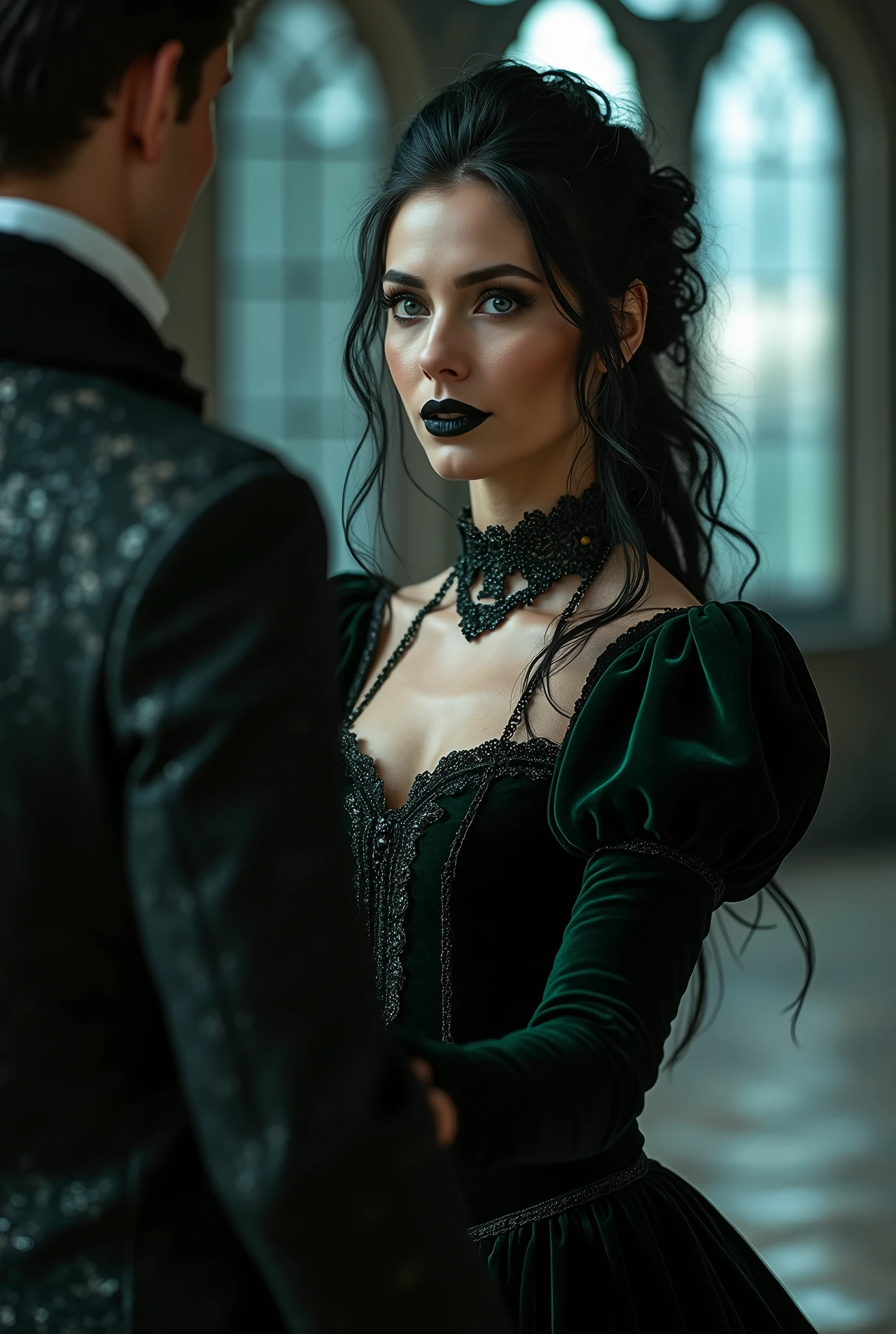 ((photograph)), black hair updo goth girl, blackout eyeshadow, 30 year elegant woman, pale skin, high collar renaissance darkgreen velvet dress, black lips, chains, bright blue eyes, buxom, upper torso, BREAK, handsome man, black white medieval lace suit asking her to dance, background medieval castle ballroom, dark, dim, night, moonlight