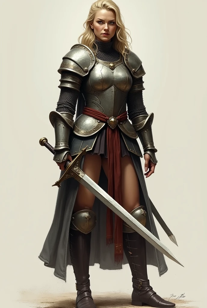 Create a full body medieval style PNG of a blonde woman in basic armor with a sword tucked into her waist, wears boots that cover the feet and go up to the knee.
He has a very imposing pose..
