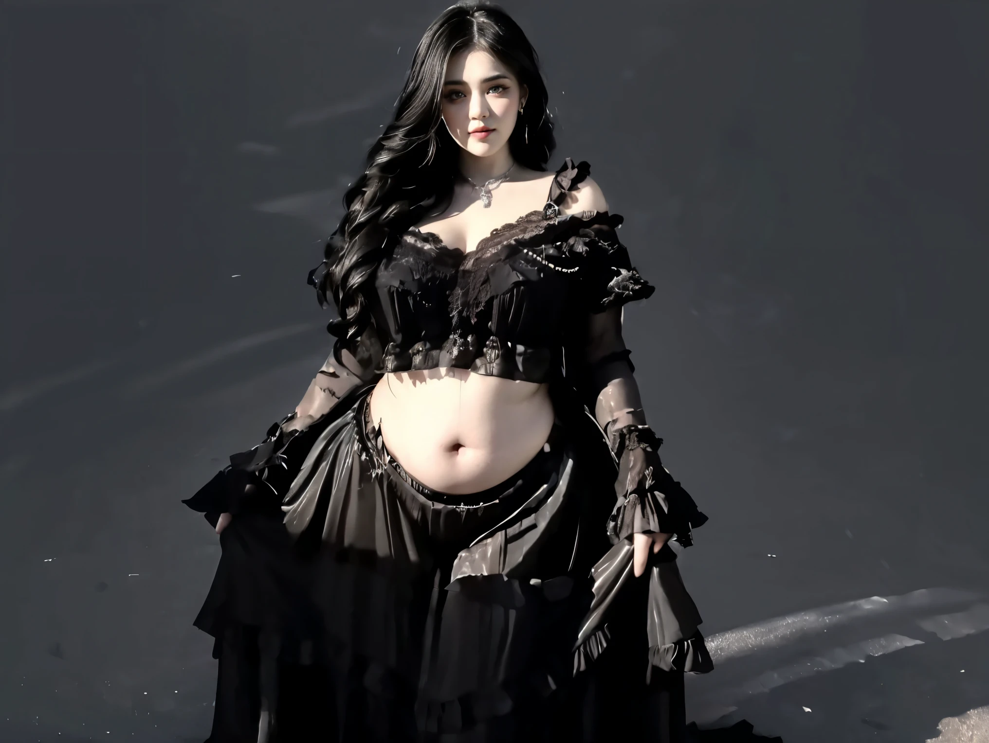 Perfect lips, perfect eyes, 1 women, goth, pale body, erect penis, gothic black, smirk, exposed tummy, Exposed chubby stomach, fat women, chubby belly, thick thighs, black dress, chubby body, plumpy stomach, chubby, exposed belly
