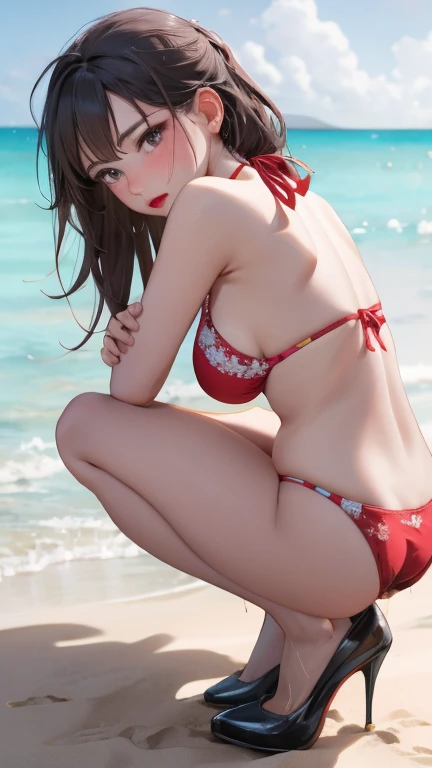 High resolution, Beautiful woman, Attention to detail, Good lighting, Obscene, conversion, ((bikini)), ((Red high heels)), Put your arms behind your head、Bare thighs, Bare arms, (((Be incontinent))), (Pee), Peeの染み, (puddle), Thick thighs, Nice long legs, lipstick, Detailed face, Cute Face, Embarrassed and blushing face, Humiliated, ((On the Beach)), (Squat), (Underview),Stick your butt out，Open your knees