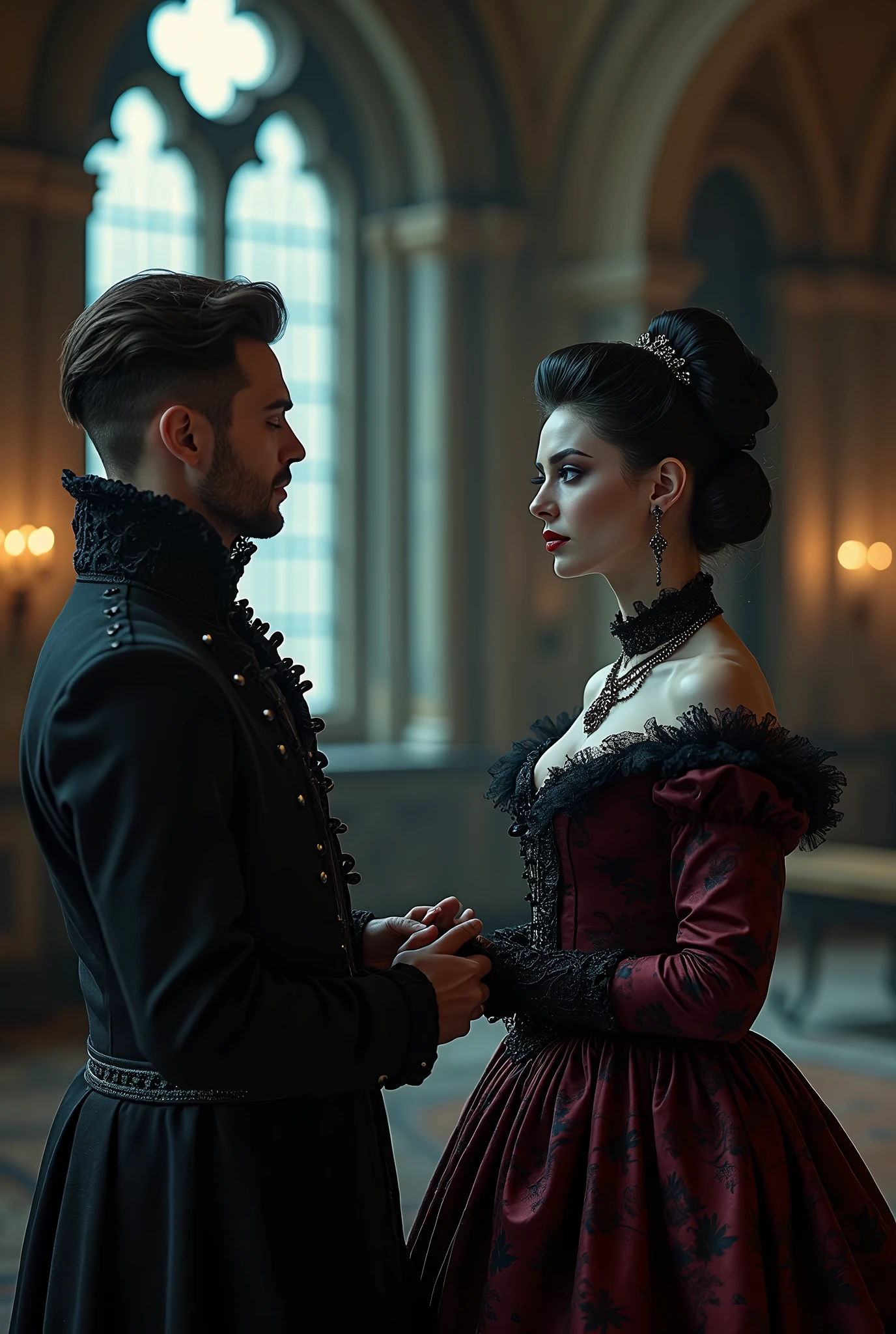 ((photograph)), black hair updo goth girl, blackout eyeshadow, 30 year elegant woman, pale skin, high collar renaissance maroon black chinoiserie dress, black lips, chains, bright blue eyes, buxom, upper torso, BREAK, handsome man, black white medieval lace suit asking her to dance, background medieval castle ballroom, dark, dim, night, moonlight