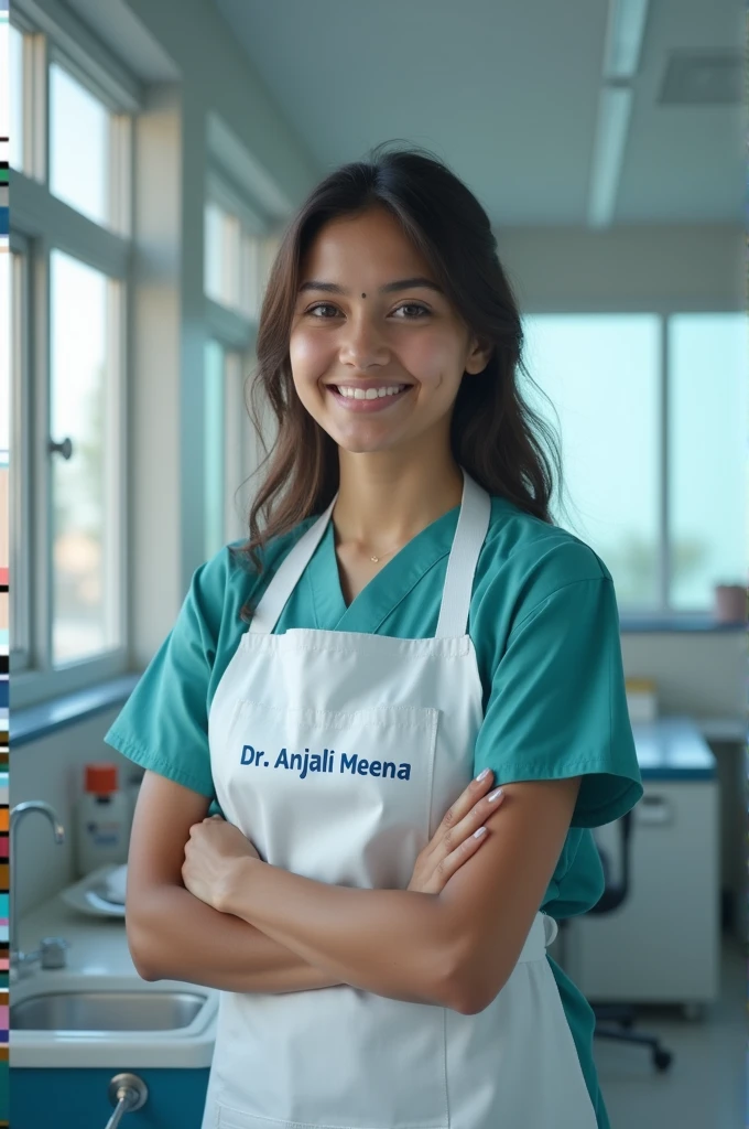 A 20 year girl wearing white apron and has name Dr. Anjali meena written in english clearly visible
Loving to shree krishna