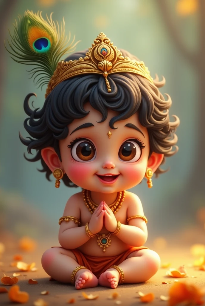 Very cute baby kanha ji , with round face, big beautiful eyes, little wavey hairs, wearing mukut with morpankh on that, smiling very cutely