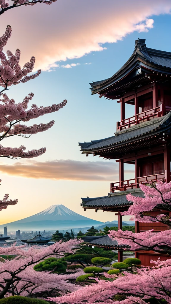 A stunningly inspiring image featuring Mt. Fuji in the background, with cherry blossoms in full bloom in the foreground. The setting features the historic Arakura Sengen Shrine and its iconic pagoda, set against a backdrop of a brilliant sunset, seamlessly blending nature and culture.