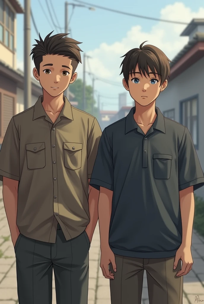 A 2 man normal looking short hair, short hight, 