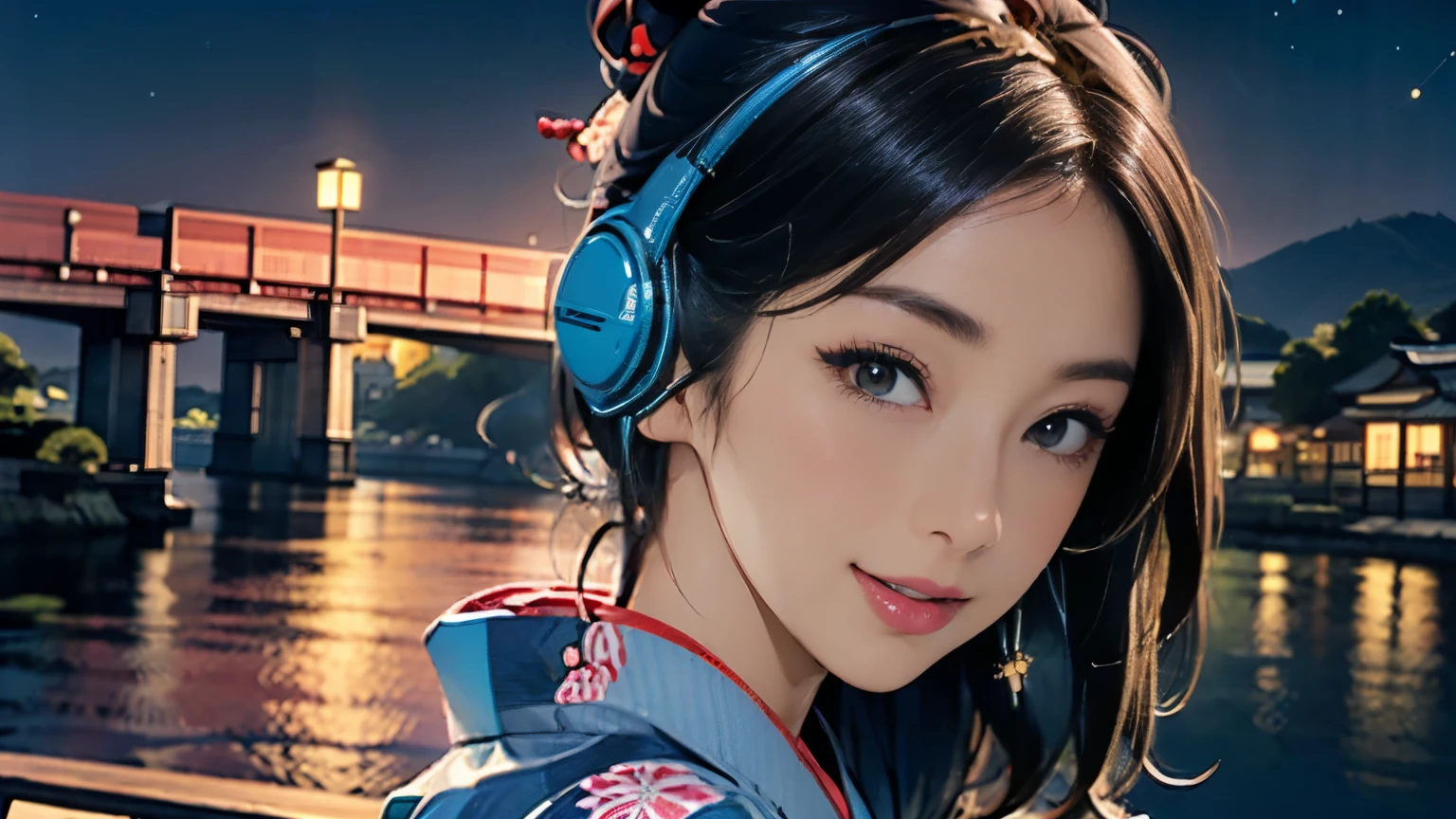 (Highest quality, 8k, masterpiece, High resolution), (whole body), Vibrant colors, Brown-black bob, Traditional topknot, Ample breasts, (Detailed face, Beautiful Face, Beautiful Eyes, Beautiful nose, Pretty lips), Official artwork, Ukiyo-e style, (Beautiful woman in kimono), (Vivid floral patterned kimono), background, river, bridge, Mountain, ((night, Starry Sky)), plum, (((headphones))), ((smile)),