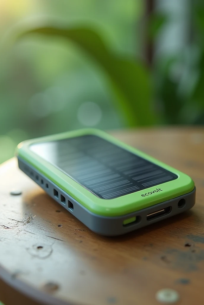 portable cell phone charger with the EcoVolt brand, green and gray, small size, a prototype with more gray and green colors, but with a solar energy receiver inside seen from outside