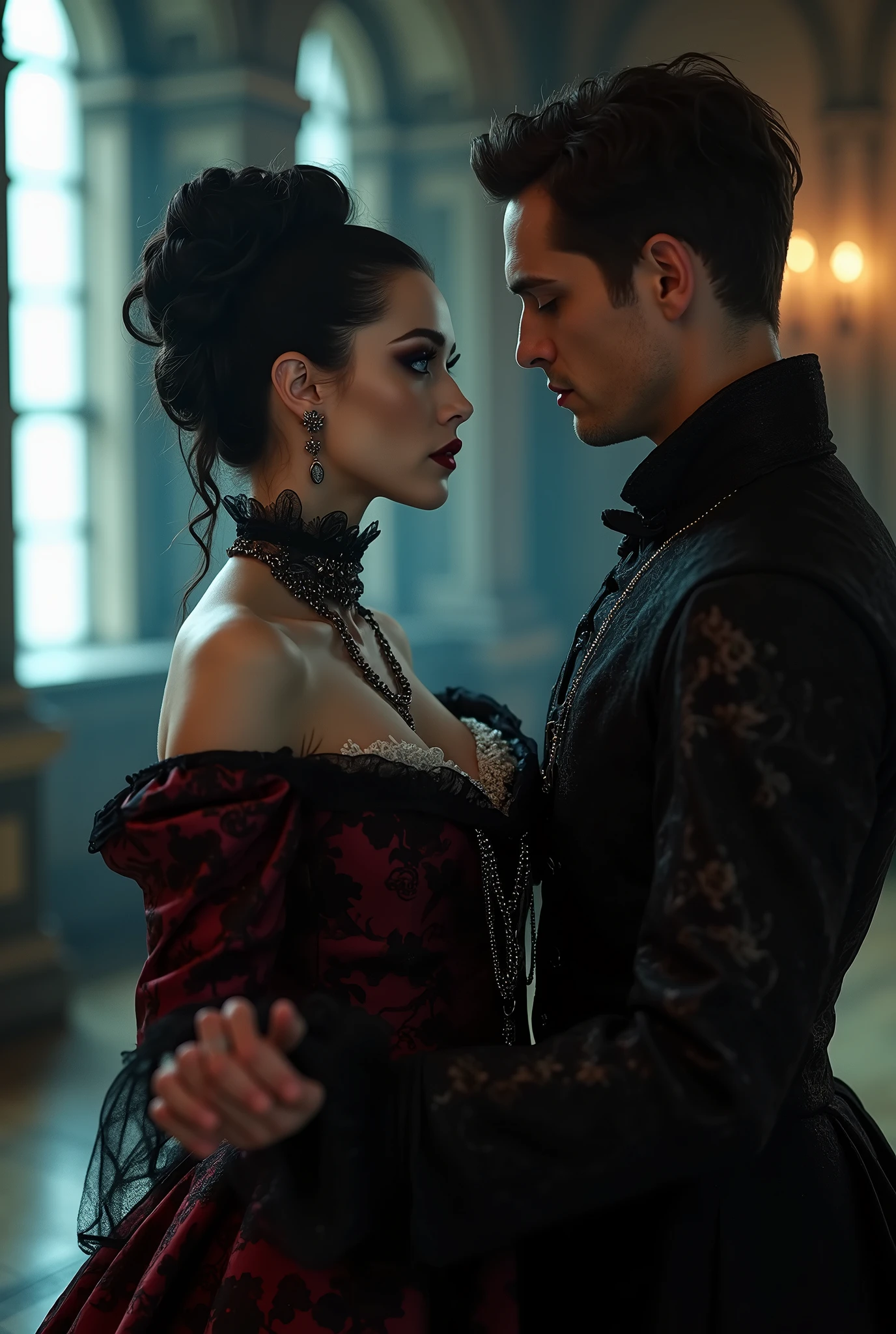 ((photograph)), black hair updo goth girl, blackout eyeshadow, 30 year elegant woman, pale skin, high collar renaissance maroon black chinoiserie dress, black lips, chains, bright blue eyes, buxom, upper torso, BREAK, handsome man, black white medieval lace suit asking her to dance, background medieval castle ballroom, dark, dim, night, moonlight
