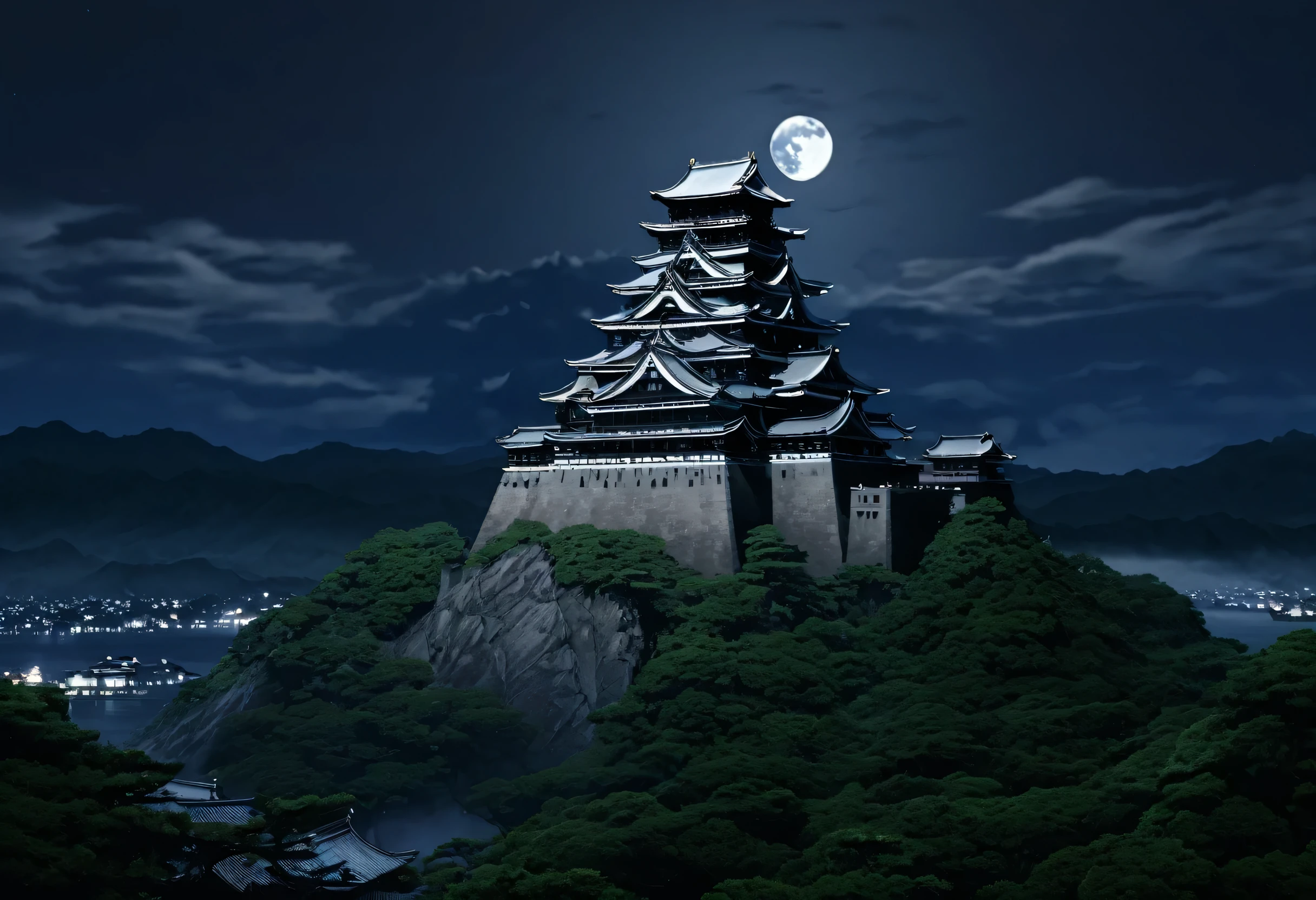 During the Sengoku period, under the light of a full moon, a strange ten-tiered castle looms ominously, its presence both eerie and captivating. Legend has it that demons inhabit this fortress, using their power to dominate the surrounding lands. As the moonlight bathes the castle, its stone towers exude an uncanny beauty. This scene encapsulates the darkness and fear of the Sengoku era, drawing viewers into a realm where unease and allure intertwine.
