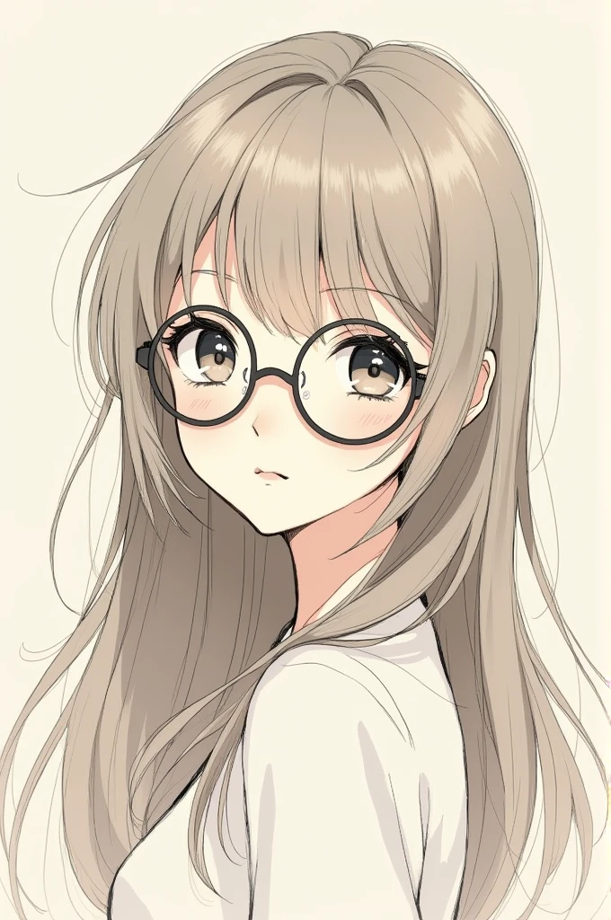 Freehand drawn anime girl with long but not too long hair and round glasses