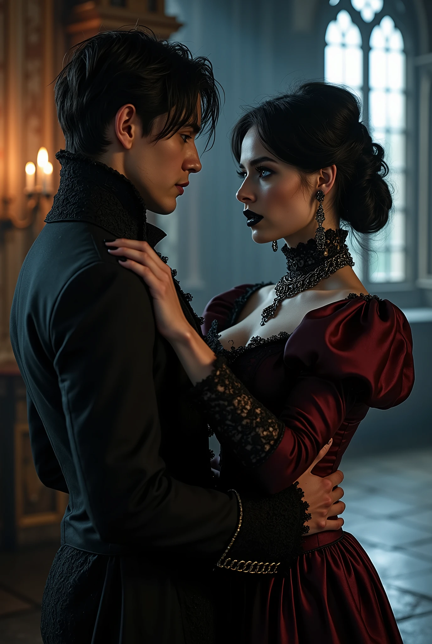 ((photograph)), black hair updo goth girl, blackout eyeshadow, 30 year elegant woman, pale skin, high collar renaissance maroon black chinoiserie dress, black lips, chains, bright blue eyes, buxom, upper torso, BREAK, handsome man, black white medieval lace suit asking her to dance, background medieval castle ballroom, dark, dim, night, moonlight
