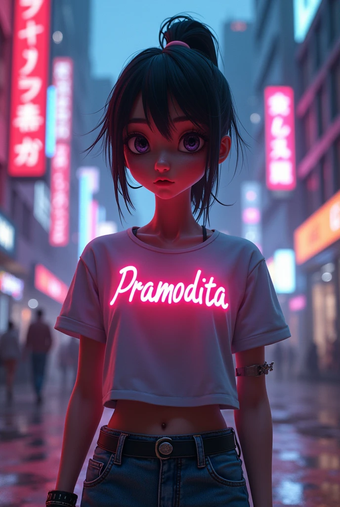 Cyberpunk style animation of the daughter's name Pramidita on her shirt is still cooking