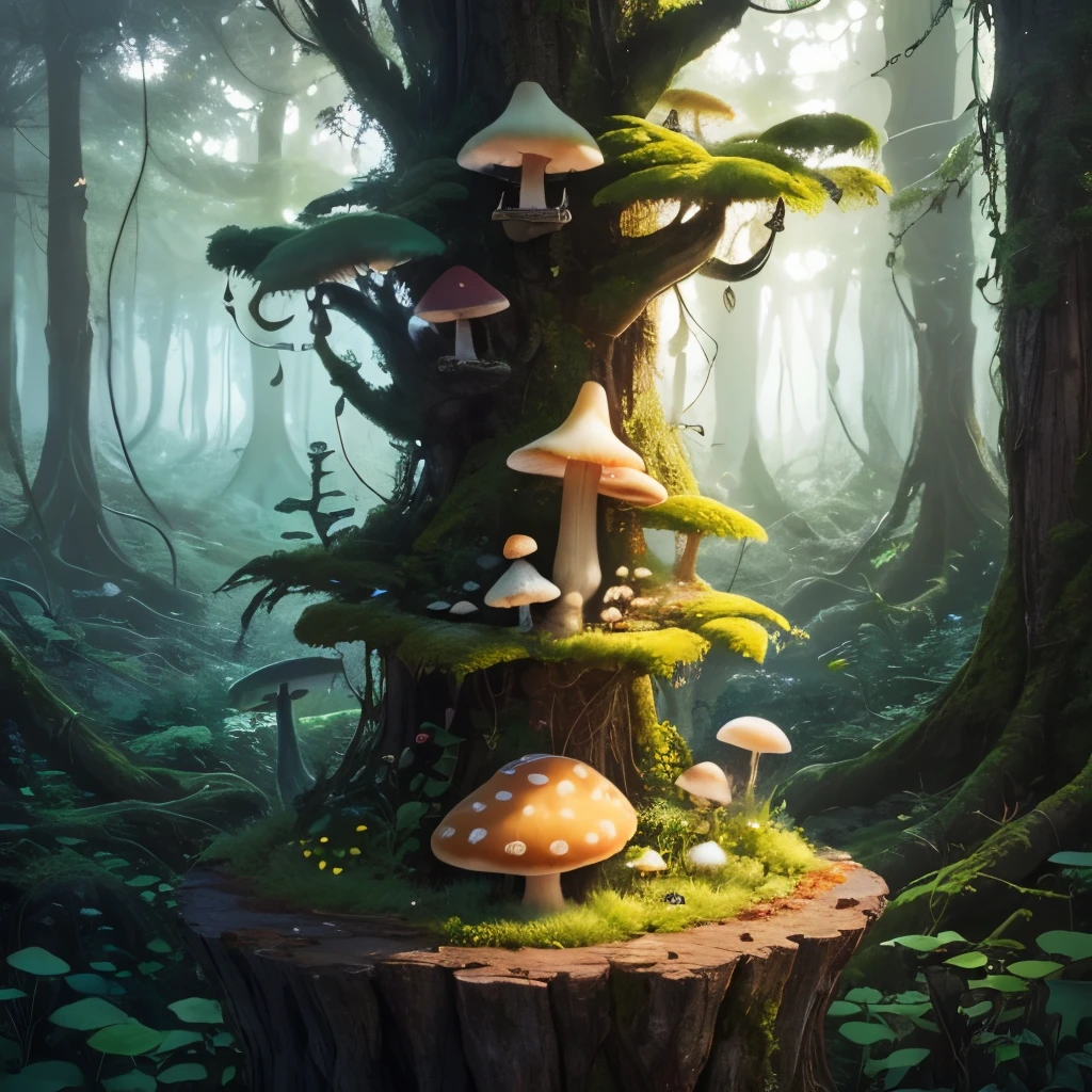 there are many mushrooms growing on the tree branch in the forest, a photo by Susy Pilgrim Waters, unsplash, land art, mushroom trees, overgrown with huge rare fungus, overgrown with funghi, mushrooms everywhere, psychedelic mushrooms, overgrown with exotic fungus, fungus, shrooms, fungi, fractal fungus, forest made out of mushroom