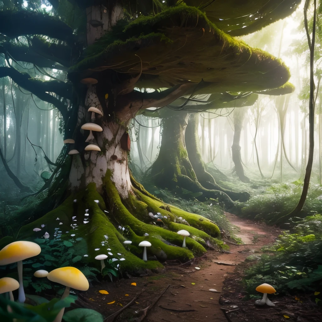 there are many mushrooms growing on the tree branch in the forest, a photo by Susy Pilgrim Waters, unsplash, land art, mushroom trees, overgrown with huge rare fungus, overgrown with funghi, mushrooms everywhere, psychedelic mushrooms, overgrown with exotic fungus, fungus, shrooms, fungi, fractal fungus, forest made out of mushroom