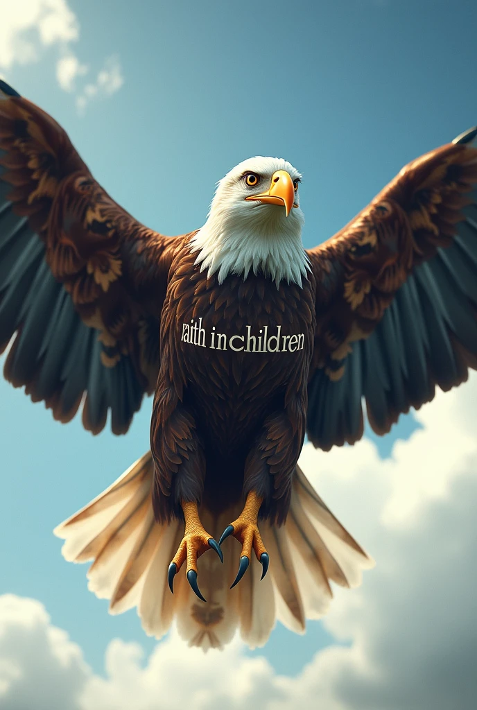 An eagle flying from the front with a white stripe on its paws written "Faith in children"