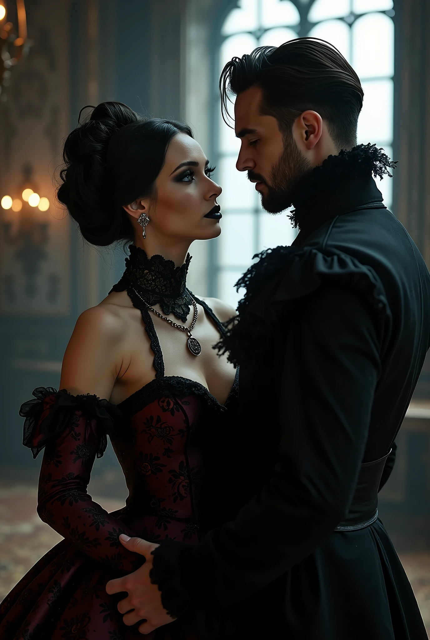((photograph)), black hair updo goth girl, blackout eyeshadow, 30 year elegant woman, pale skin, high collar renaissance maroon black chinoiserie dress, black lips, chains, bright blue eyes, buxom, upper torso, BREAK, handsome man, black white medieval lace suit asking her to dance, background medieval castle ballroom, dark, dim, night, moonlight
