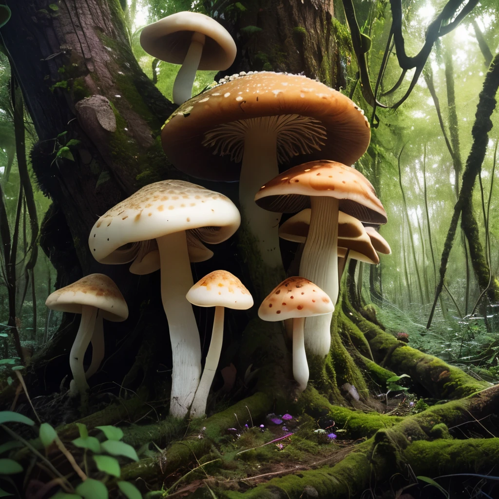 there are many mushrooms growing on the tree branch in the forest, a photo by Susy Pilgrim Waters, unsplash, land art, mushroom trees, overgrown with huge rare fungus, overgrown with funghi, mushrooms everywhere, psychedelic mushrooms, overgrown with exotic fungus, fungus, shrooms, fungi, fractal fungus, forest made out of mushroom