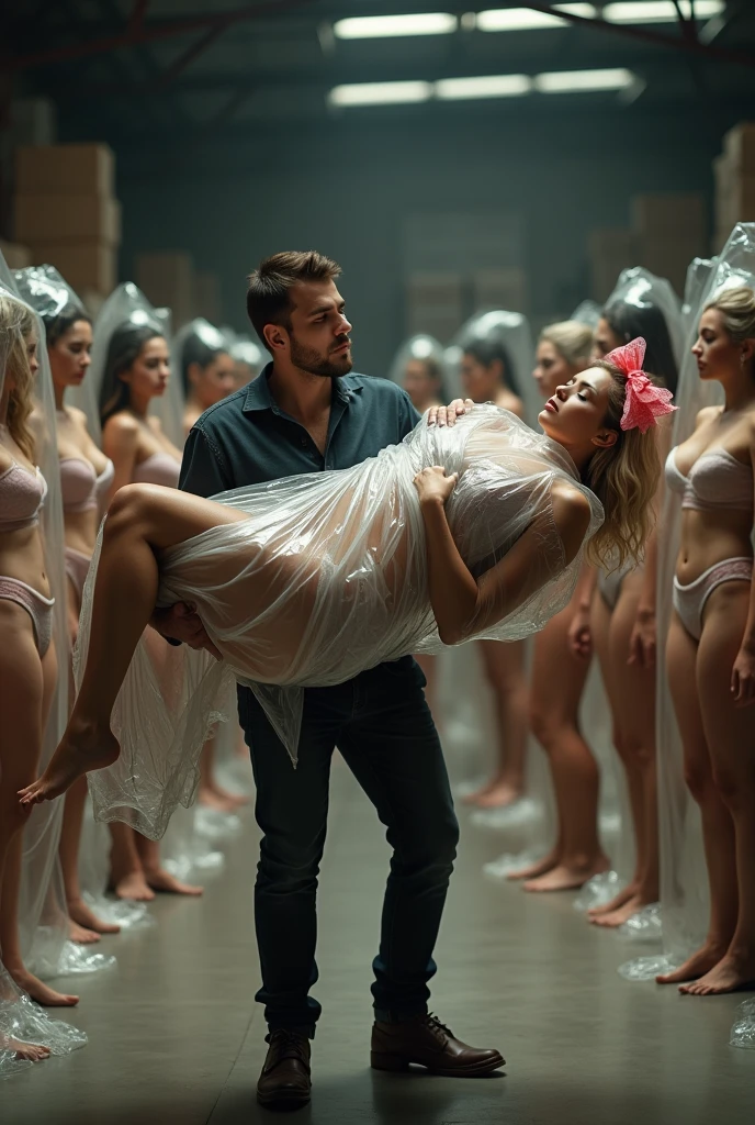 in a warehouse, A man is standing on the ground, carrying and lifting in his arms a beautiful young adult European blonde maid sexy and sleeping woman , Her body is wrapped in plastic and she has a gift bow on her head., The woman's body is stretched out and is on the ground, Full body view, Behind them there are several beautiful European women in sexy lingerie standing with their eyes closed covered with plastic, Excellent lighting, hyperrealistic quality image, high resolution