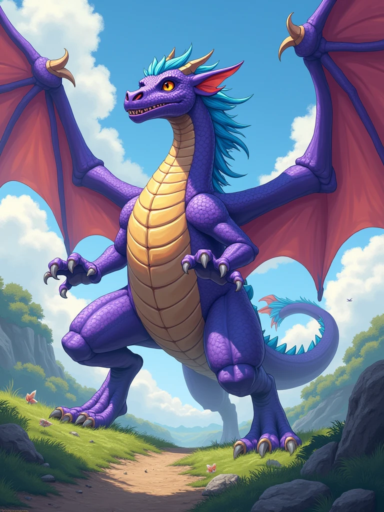 anthro rampage, huge , purple dragon with wings and a very tan chest and has light blue hair on his head, ANALOGOUS palette illustration, hand-drawn, bold linework, anthro illustration, cel shaded, 4k, fine details, masterpiece, natural beauty