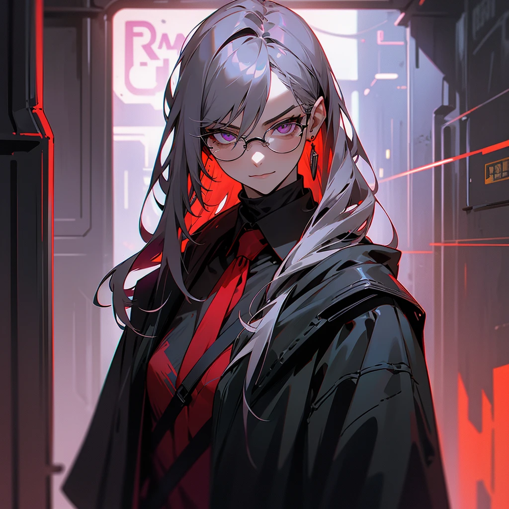 long gray hair, tied at the nape of the neck, amethyst eyes, dark glasses, one man, cafe clerk, type, red earrings, intelligent, serious look, cyberpunk, inside, in the subway, determined, half body photo, upper body, face, write smile