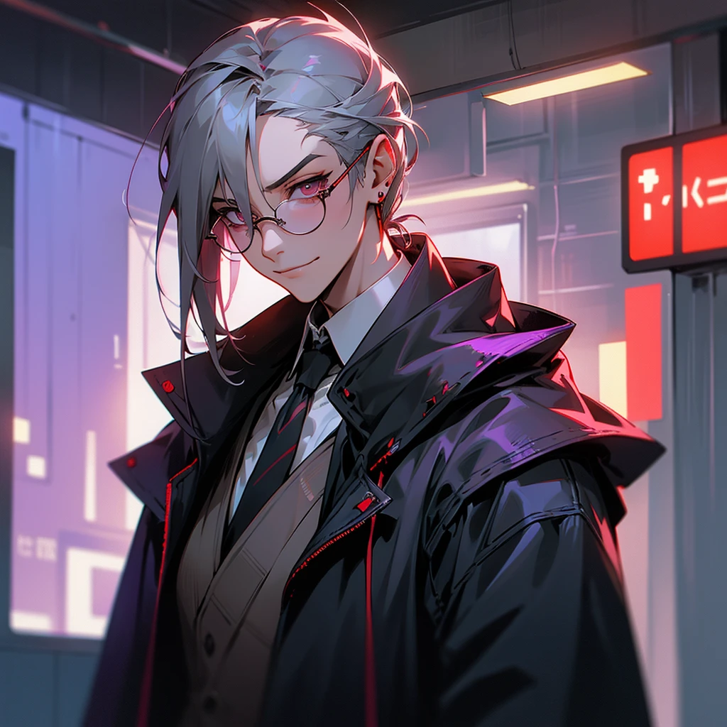 long gray hair, tied at the nape of the neck, amethyst eyes, dark glasses, one man, cafe clerk, type, red earrings, intelligent, serious look, cyberpunk, inside, in the subway, determined, half body photo, upper body, face, write smile