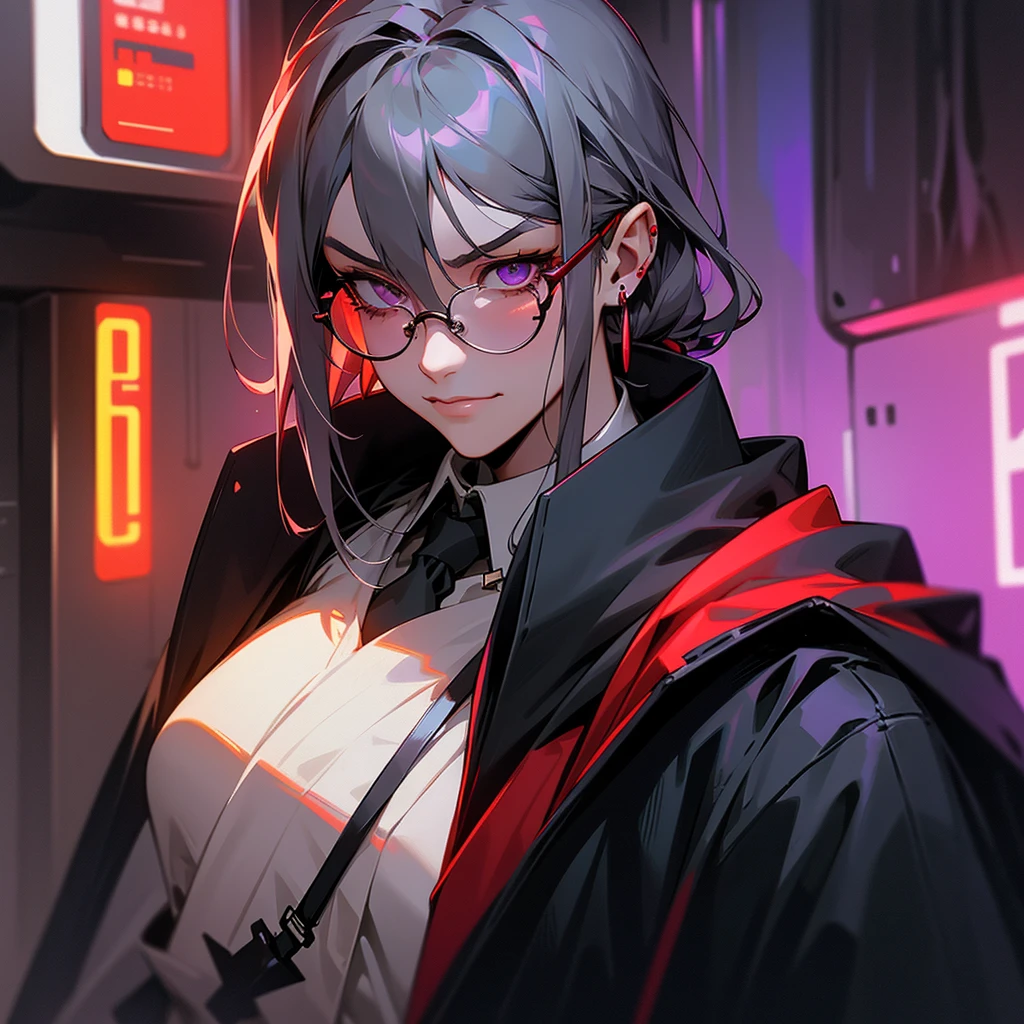 long gray hair, tied at the nape of the neck, amethyst eyes, dark glasses, one man, cafe clerk, type, red earrings, intelligent, serious look, cyberpunk, inside, in the subway, determined, half body photo, upper body, face, write smile