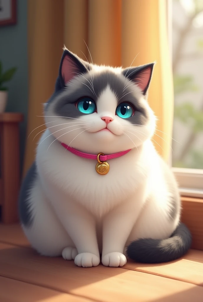 Grey as a medium sized cat, with a chubby body due to her extra weight. Its fur is mainly white, with gray areas that stand out, especially the grayish-black spot on its back. Your head has a unique touch, with blue eyes, with black ears that contrast with the white of the face, except for the snout and mouth, that are completely white, standing out against his dark eyes. The pink collar adds a delicate and charming touch.
She would probably look adorable in a photo, lying comfortably, perhaps in a cozy corner or near a window, with the sunlight gently illuminating his fur.