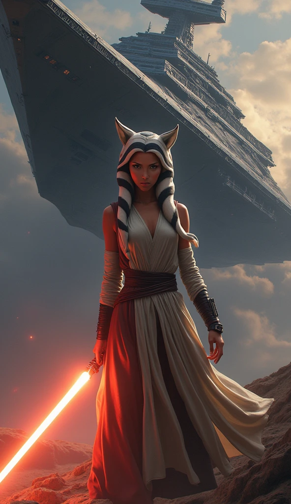 An imperial ship from Star Wars, Cudesexyrobutts, cinco ahsoka, holding a light saber. splash art, 极其详细的Artgerm, Portrait of cinco ahsoka, jedi woman, Star Wars Character, style artgerm, as seen on artgerm, ariana grande as a sith