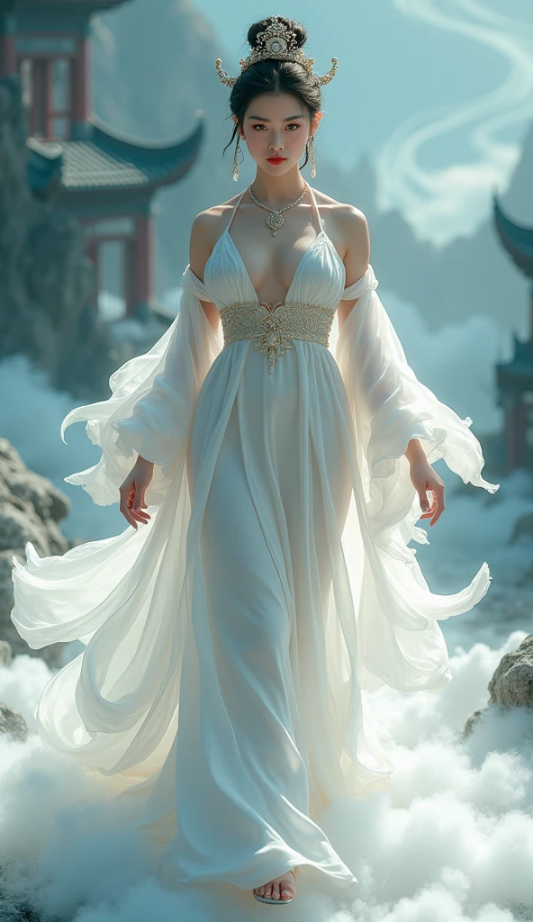 a close up of a woman strolling on a fly cloud to the royal courtyard chinese style, Detail of a round, plump, solid chest, visible cleavage, full body xianxia, queen of the sea mu yanling, white hanfu, style of guo hua, traditional chinese, hanfu, yanjun chengt, xintong chen, inspired by Huang Ji, li zixin, inspired by Tang Yifen, inspired by Zhang Yin. jpg image format