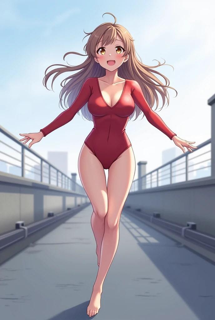 best quality, insanely detailed, nino nakano, breasts, blush, looking at viewer, cheerful eyes, arousal, long sleeve leotard, highleg leotard, athletic leotard, tight leotard, pussy, full body, spread legs, masturbation, nsfw, roof top background, airwalking, pussy line