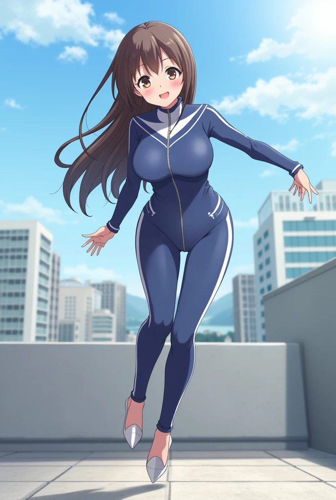 best quality, insanely detailed, nino nakano, breasts, blush, looking at viewer, cheerful eyes, arousal, long sleeve leotard, highleg leotard, athletic leotard, tight leotard, pussy, full body, spread legs, masturbation, nsfw, roof top background, airwalking, pussy line