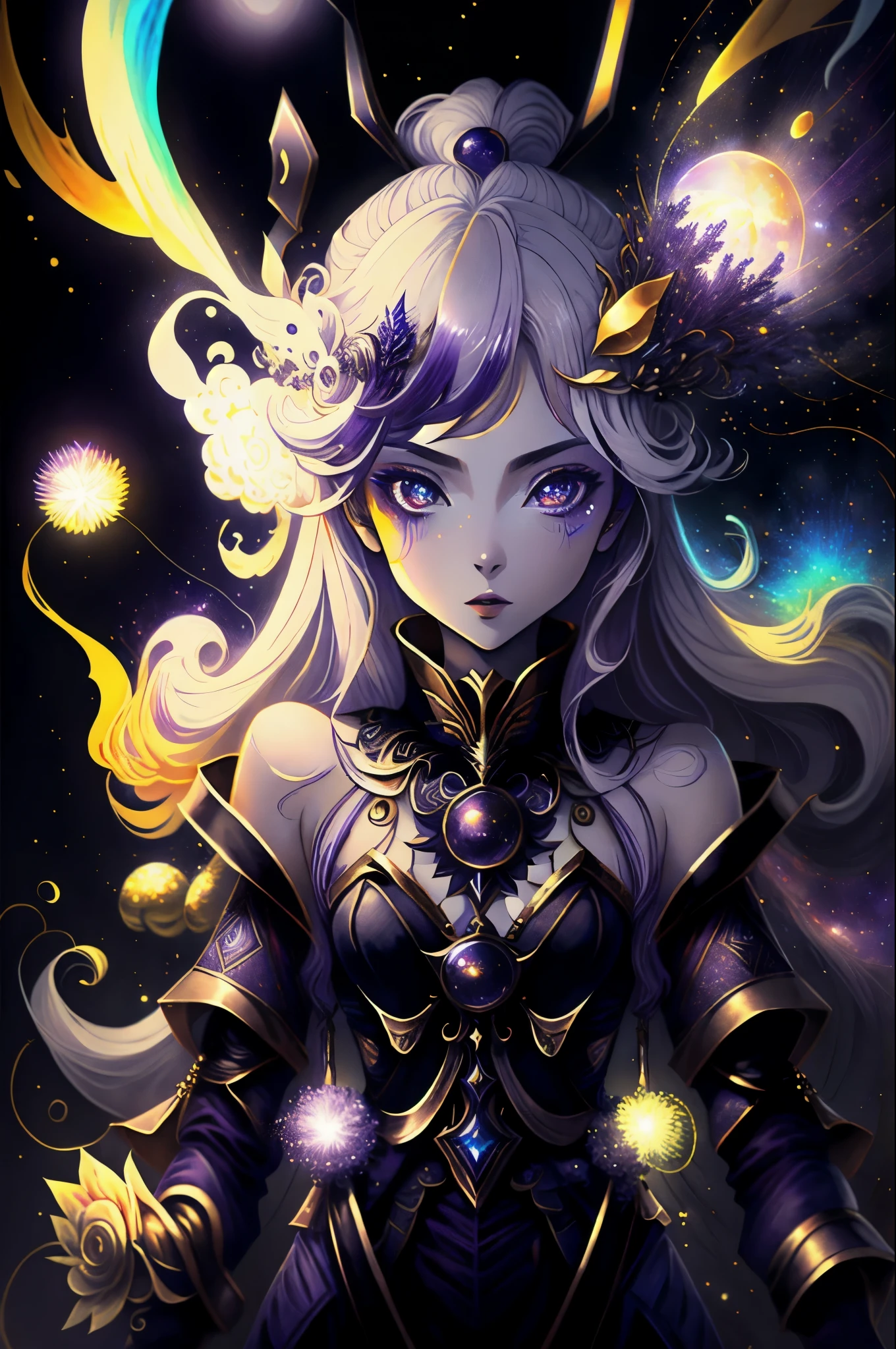 Extremamentesexy, appealing, daughter, phantom, refined , garota phantom, pele caucasiana, purples eyes, long white hair, Purple aura around you, several small and colorful fireworks around.