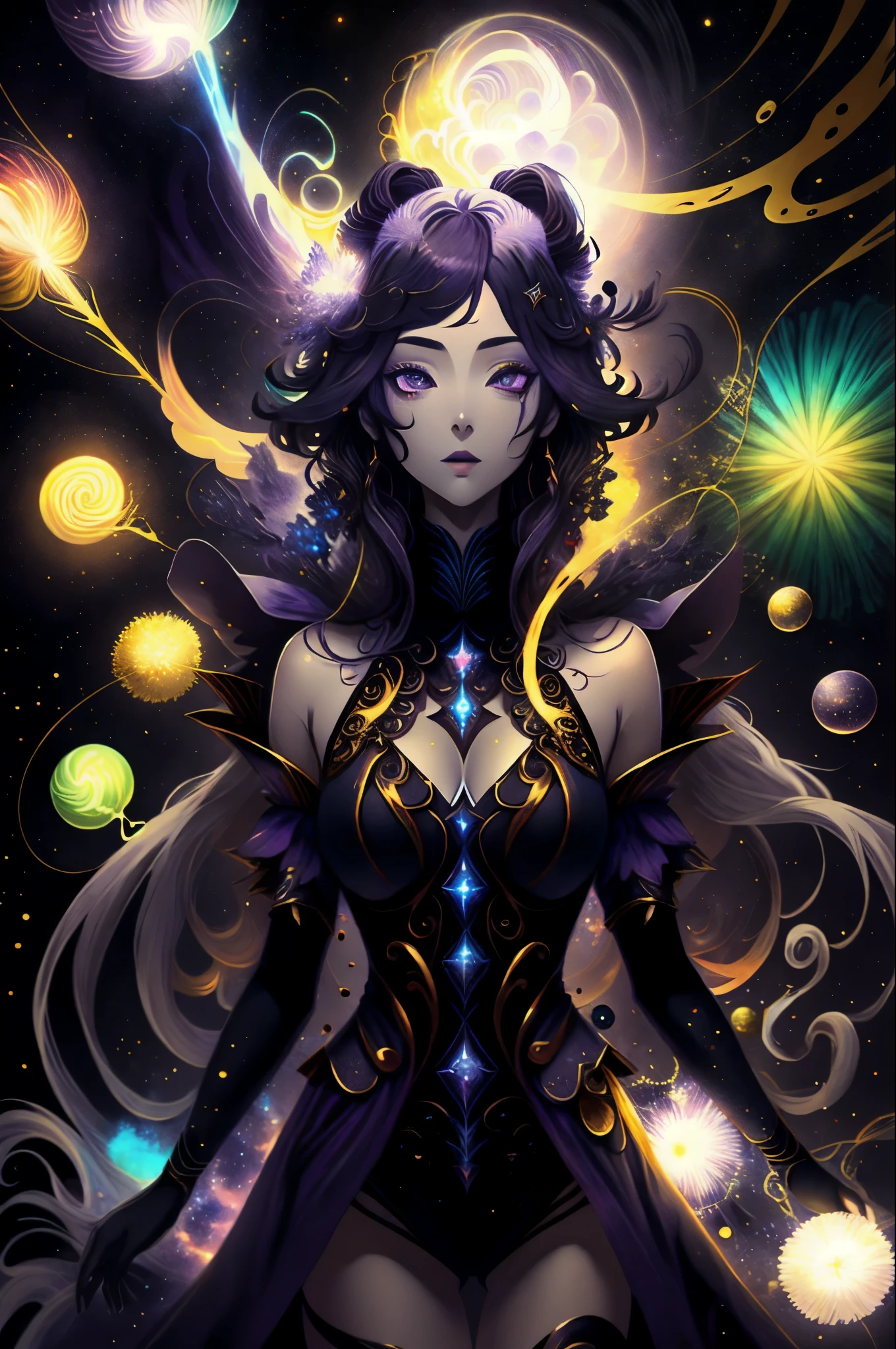 Extremamentesexy, appealing, daughter, phantom, refined , garota phantom, pele caucasiana, purples eyes, long white hair, Purple aura around you, several small and colorful fireworks around.