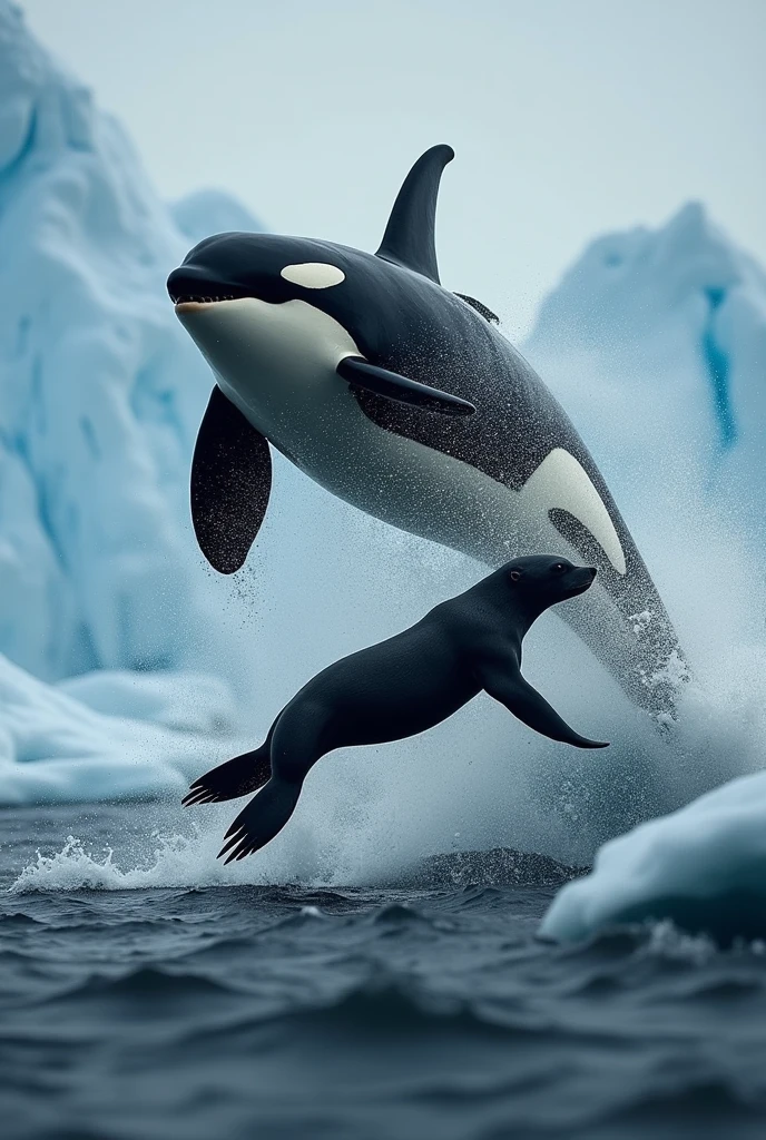 "Artistic photograph by Aimee Jan capturing an orca chasing a sea lion as they leap above the surface of the Antarctic sea. The image is designed to evoke strong emotions through dramatic contrasts of light and shadow. The photograph highlights the dynamic and powerful moment of the orca in pursuit, with detailed emphasis on the tension and movement of both animals. The surrounding icy, dark waters enhance the ethereal and intense atmosphere of the scene, creating a profound emotional impact."