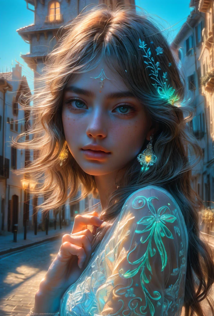 ultra realistic photo, natural light, realistic, highly detailed, photography, masterpiece, high quality, Romantic, upper body angle, beautiful perfect face_translucent luminous body, surreal, (detailed and accurate hand depiction, delicate features), dynamic colors, street of architecture, clear sky, (highest quality, 8K, surreal:1.2), (highly detailed, realistic:1.37), bright background, intricately detailed, amazing, fluorescent, glowing, bioluminescent,