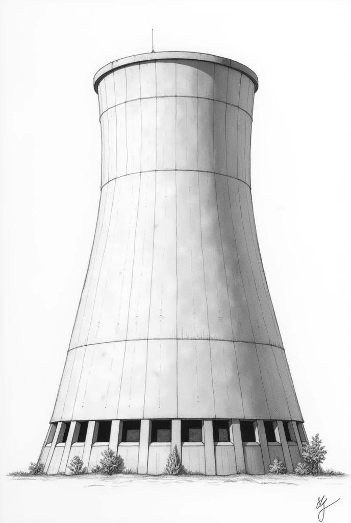 Generates a colorless pencil-like drawing of a cooling tower that looks nice and is easy to draw