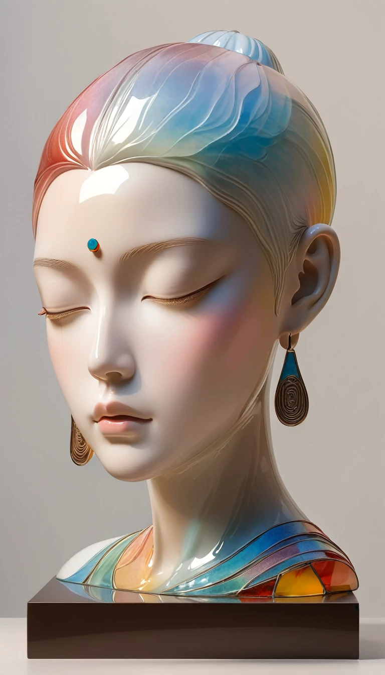 3D portrait sculptures placed on the central stand，simple，Minimalism，Buddha，Buddha head，Soft and elegant colors，Stained glass transparent