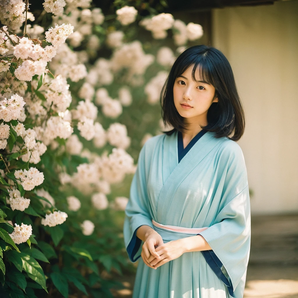 A hyper-realistic image of a single Japanese woman in her early 20s, captured from the shoulders up with the distinctive warmth and pronounced graininess of a vintage film camera. She is wearing a traditional Japanese yukata with an elegant, classic design, featuring delicate floral patterns such as cherry blossoms, peonies, or traditional motifs like wave and fan designs. The yukata is made from lightweight cotton fabric with a soft, slightly textured weave that drapes naturally over her shoulders. The color scheme is traditional, including shades like deep indigo, soft pastel pinks, or light blues, with accents of white. The yukata is wrapped correctly, with the left side over the right, and is visible only from the shoulders up, ensuring the neckline and part of the obi appear subtly in the frame. Her skin has a warm beige tone with a natural, slightly rough texture that includes visible pores, fine lines, and small imperfections like subtle blemishes or uneven tones, adding to the authenticity of her look. The soft, diffused natural light, reminiscent of a summer afternoon, casts gentle shadows across her face, creating a warm, organic feel with slightly muted contrast typical of film photography. Her straight, slightly tousled black hair frames her face naturally, moving gently in a light summer breeze. Her deep brown eyes reflect the ambient light, but with a softer focus, evoking the nostalgic quality of film. The film camera effect is more pronounced, with visible grain, slight color shifts, and a touch of vignette, enhancing the vintage aesthetic. The composition captures her serene, understated elegance, focusing on her upper body, showcasing the traditional elements of her attire and the timeless beauty of Japanese summer.
