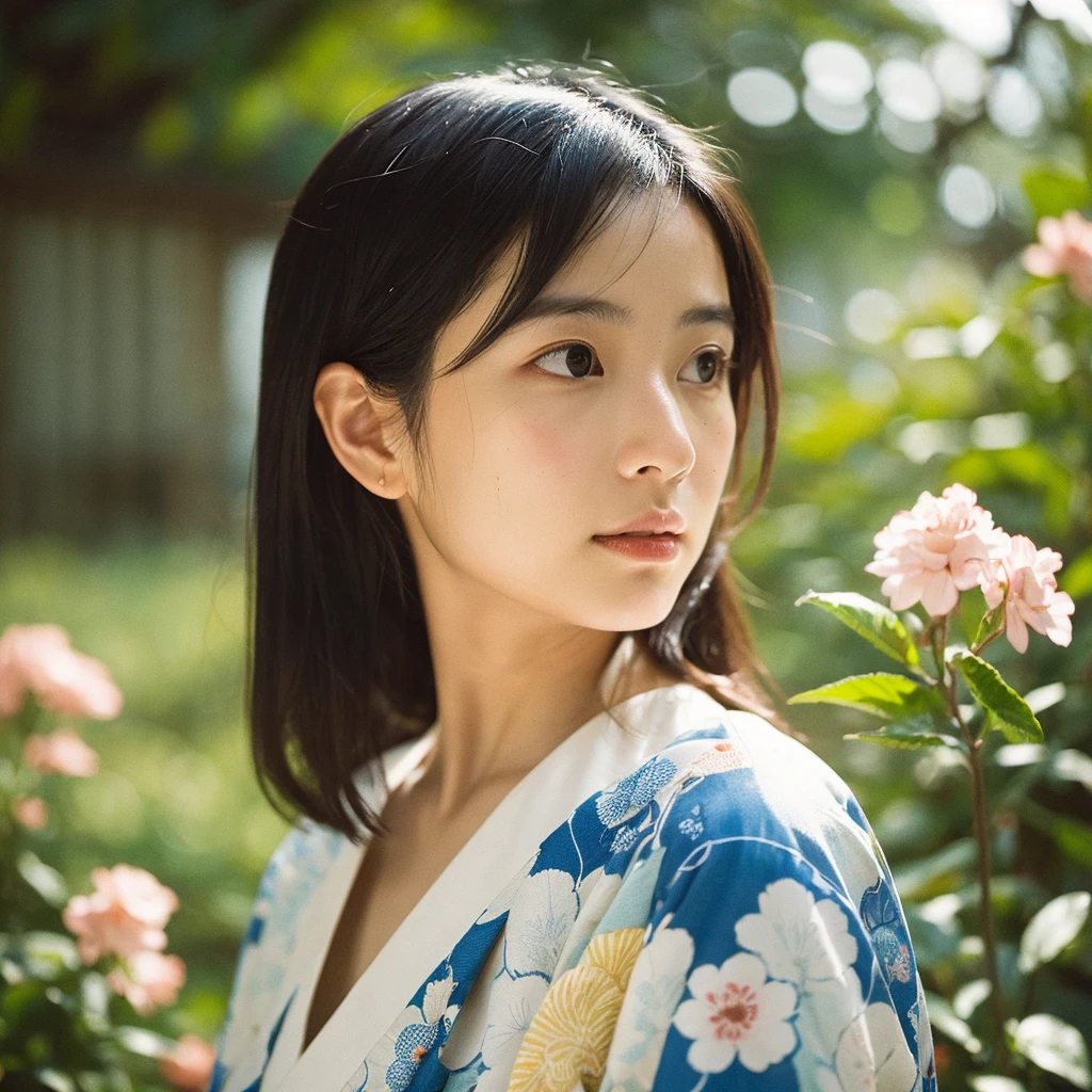A hyper-realistic image of a single Japanese woman in her early 20s, captured from the shoulders up with the distinctive warmth and pronounced graininess of a vintage film camera. She is wearing a traditional Japanese yukata with an elegant, classic design, featuring delicate floral patterns such as cherry blossoms, peonies, or traditional motifs like wave and fan designs. The yukata is made from lightweight cotton fabric with a soft, slightly textured weave that drapes naturally over her shoulders. The color scheme is traditional, including shades like deep indigo, soft pastel pinks, or light blues, with accents of white. The yukata is wrapped correctly, with the left side over the right, and is visible only from the shoulders up, ensuring the neckline and part of the obi appear subtly in the frame. Her skin has a warm beige tone with a natural, slightly rough texture that includes visible pores, fine lines, and small imperfections like subtle blemishes or uneven tones, adding to the authenticity of her look. The soft, diffused natural light, reminiscent of a summer afternoon, casts gentle shadows across her face, creating a warm, organic feel with slightly muted contrast typical of film photography. Her straight, slightly tousled black hair frames her face naturally, moving gently in a light summer breeze. Her deep brown eyes reflect the ambient light, but with a softer focus, evoking the nostalgic quality of film. The film camera effect is more pronounced, with visible grain, slight color shifts, and a touch of vignette, enhancing the vintage aesthetic. The composition captures her serene, understated elegance, focusing on her upper body, showcasing the traditional elements of her attire and the timeless beauty of Japanese summer.