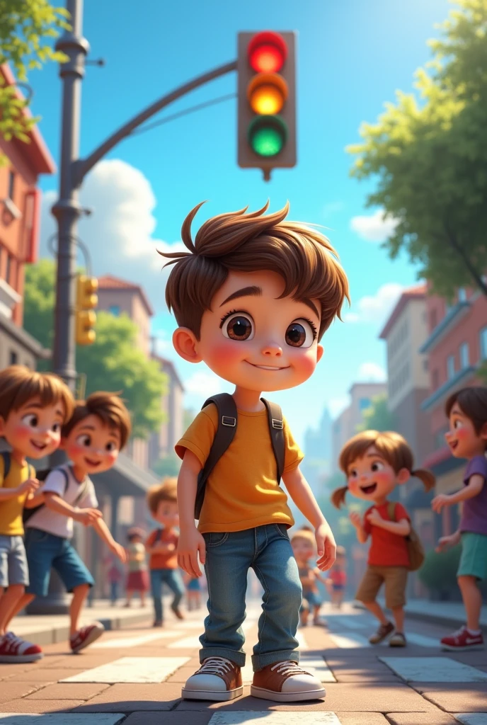 Draw a boy with brown hair and with other children and a traffic light
