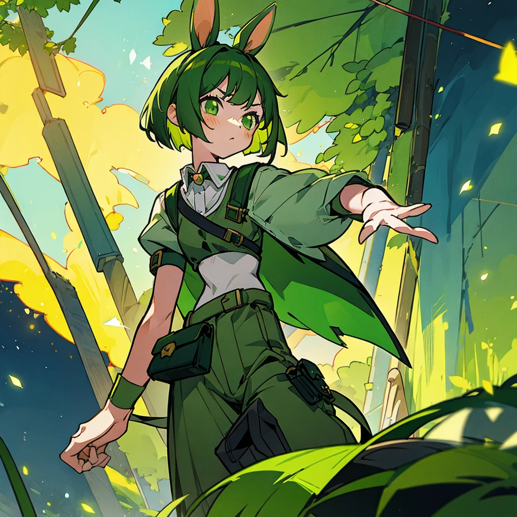 Green rabbit ears, green animal ears, a girl, bob cut, green hair, green eyes, look young, alone, short,  tiny,Lolita, childhood, overall, belt, waist bag, waist pouch, kawaii, cute,face, serious look, outside, shrine, at night