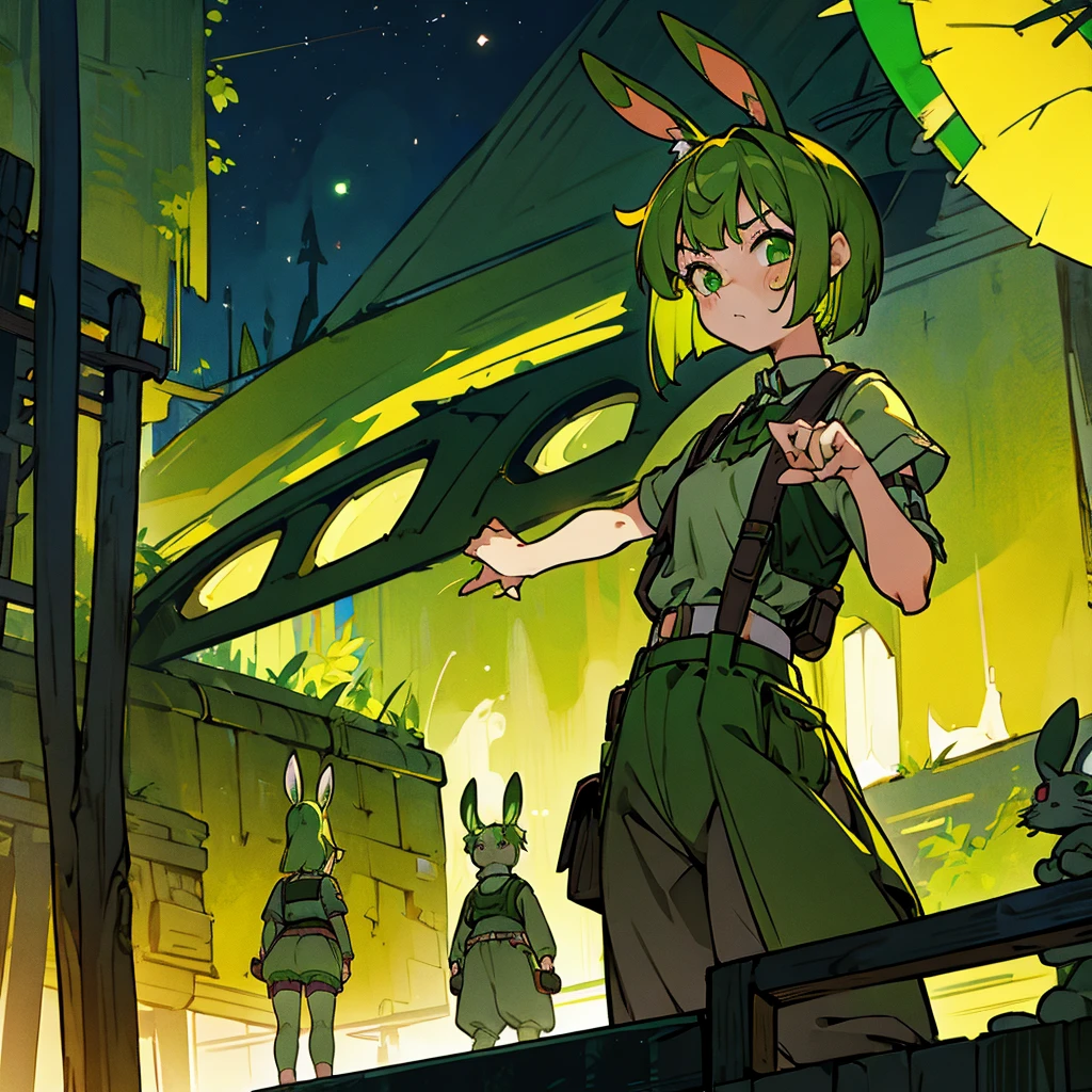 Green rabbit ears, green animal ears, a girl, bob cut, green hair, green eyes, look young, alone, short, tiny,Lolita, childhood, overall, belt, waist bag, waist pouch, kawaii, cute,face, serious look, outside, shrine, at night