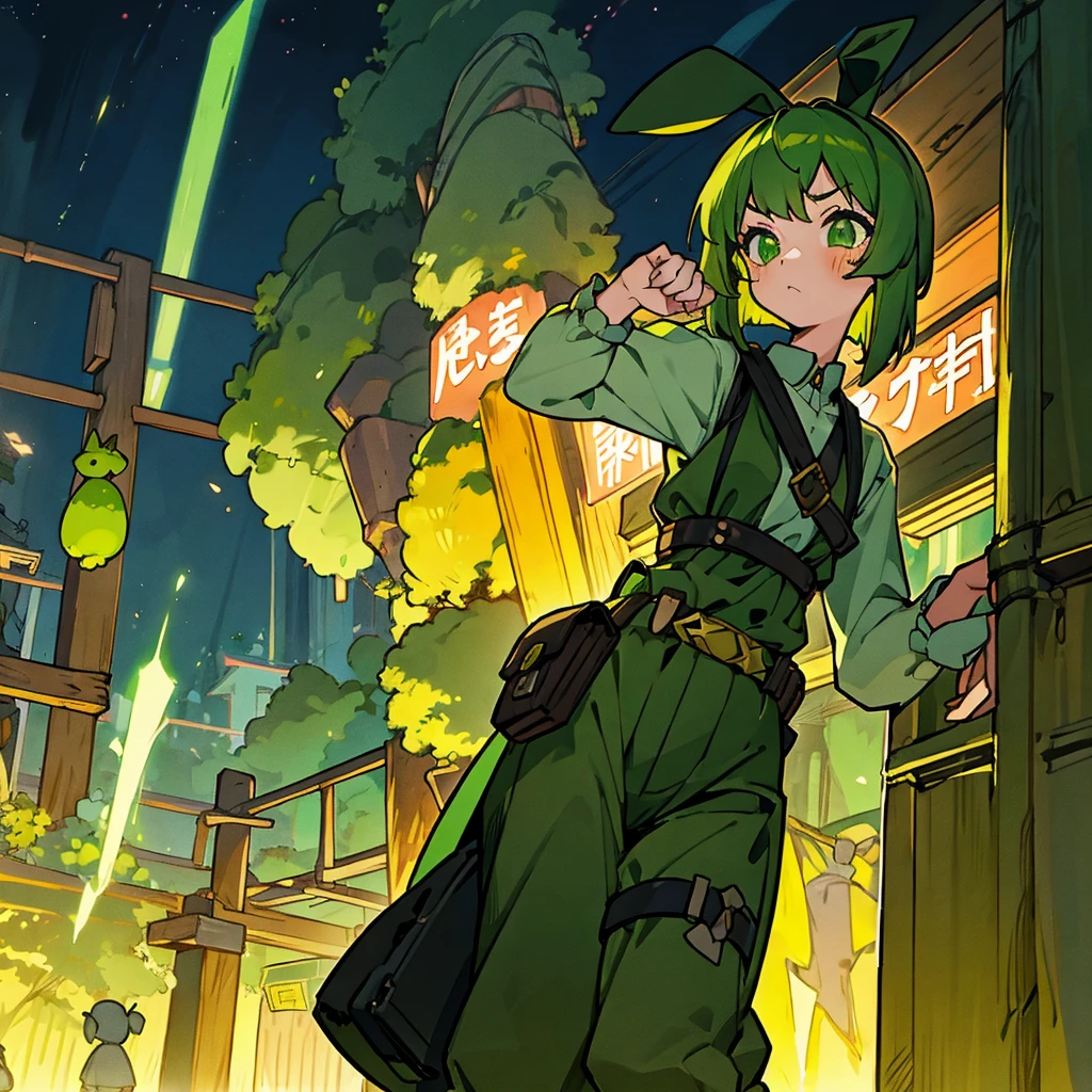 Green rabbit ears, green animal ears, a girl, bob cut, green hair, green eyes, look young, alone, short, tiny,ta, childhood, overall, belt, waist bag, waist pouch, kawaii, cute,face, serious look, outside, shrine, at night
