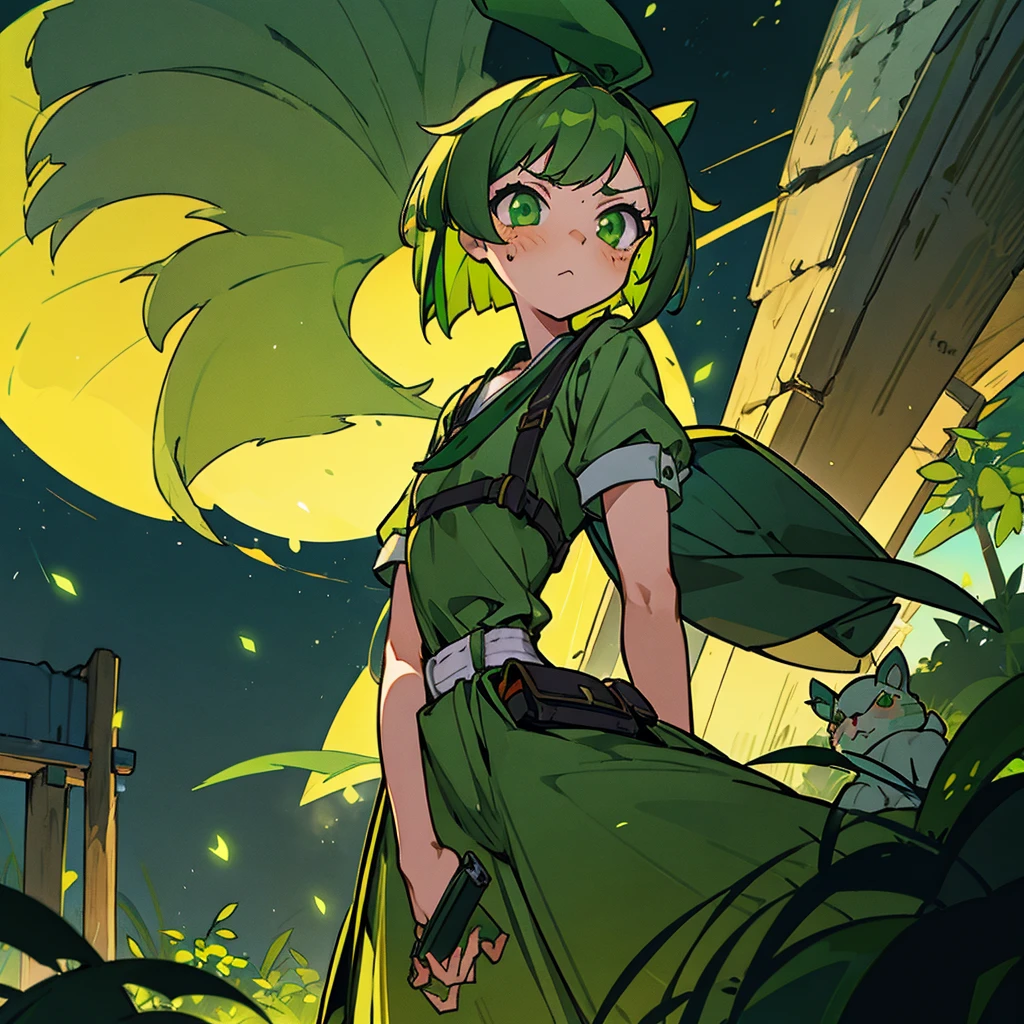 Green rabbit ears, green animal ears, a girl, bob cut, green hair, green eyes, look young, alone, short, tiny,ta, childhood, overall, belt, waist bag, waist pouch, kawaii, cute,face, serious look, outside, shrine, at night
