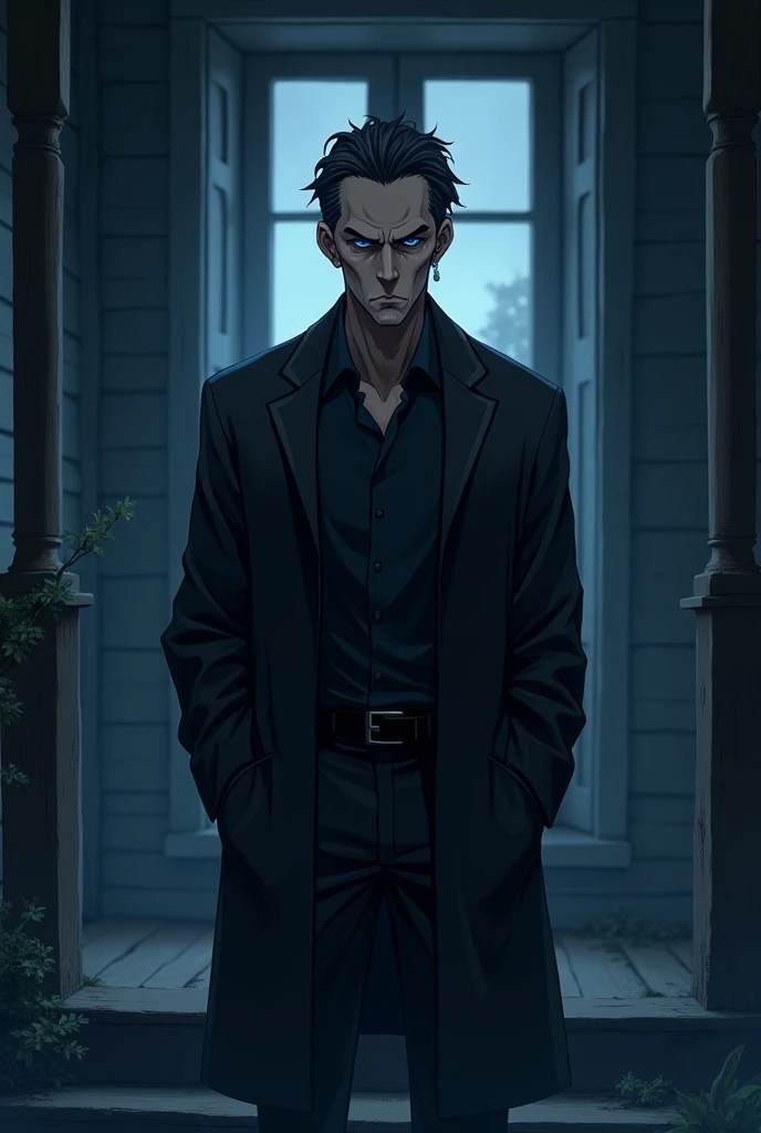 anime 40 years, handsome old man, dark blue eyes, black hair, on the house, 
looking at the camera, high resolution, a window in the background, Cold and
 mysterious character. 8K 